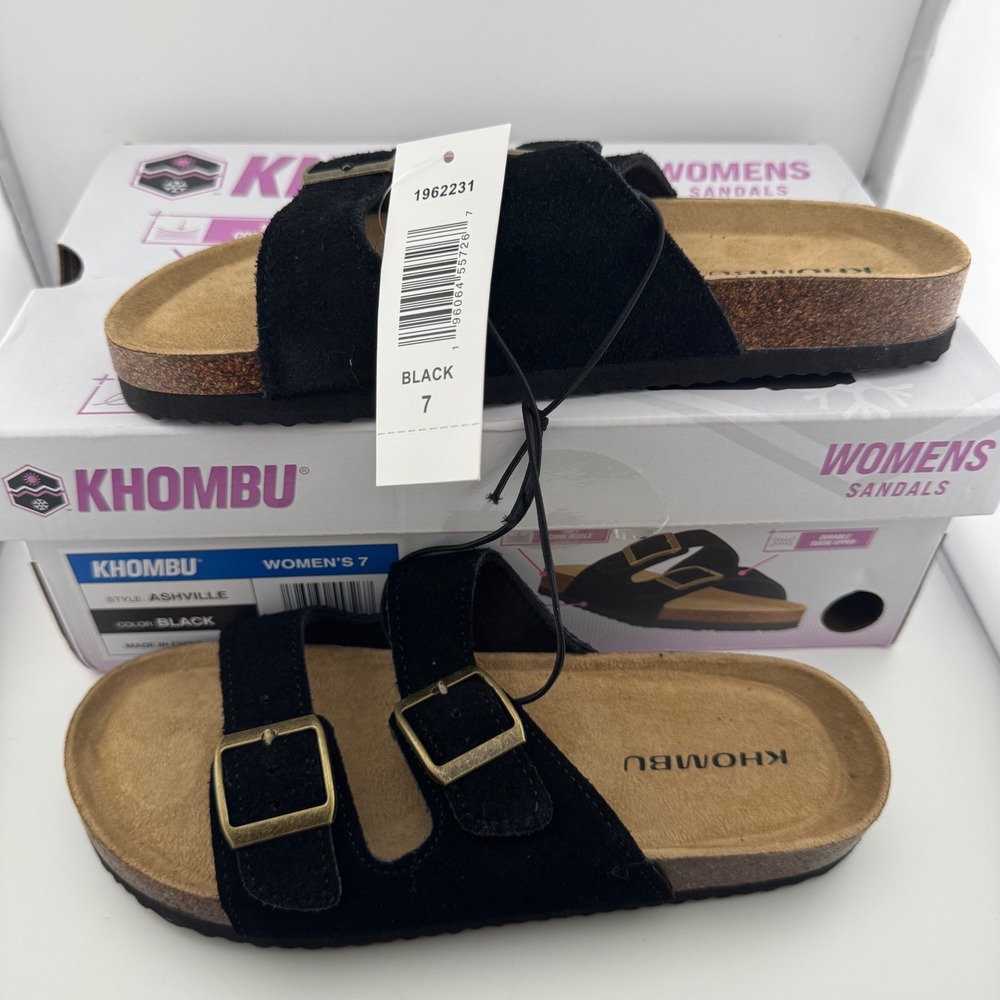 Khombu Ashville Slide Sandals Womens 7 Black New Suede Leather Buckle Comfort - Picture 2 of 9